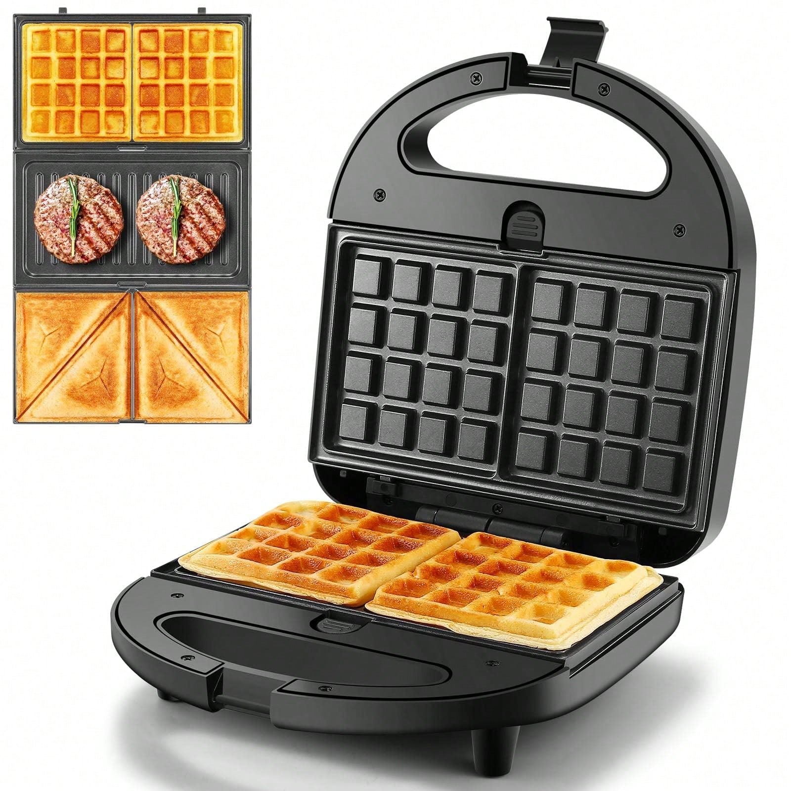 Breakfast Sandwich Press - เครื่องทำแซนด์วิชและวาฟเฟิล 3-in-1 กำลังไฟ 750 วัตต์ แผ่นกระทะเคลือบกันติด