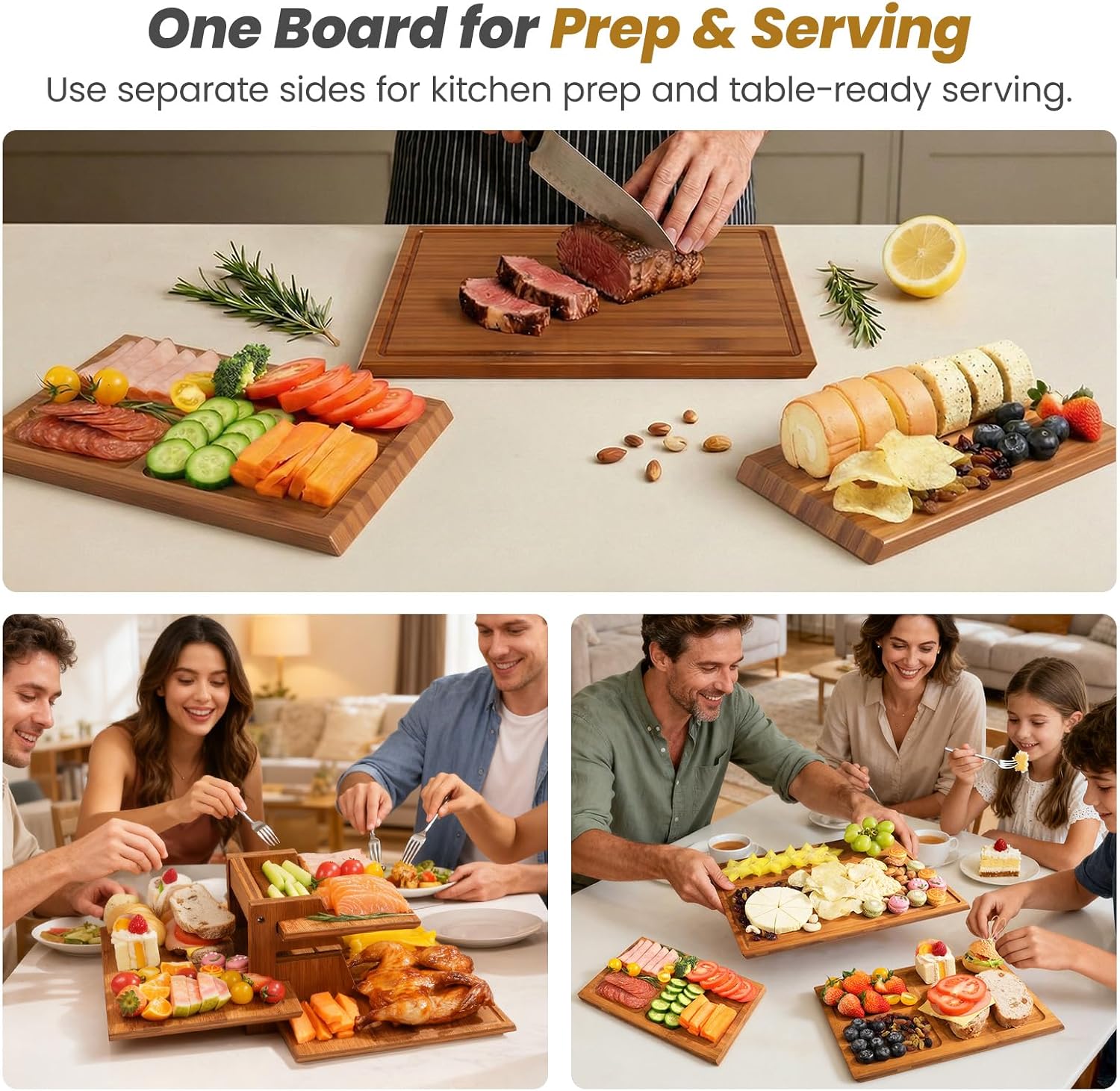 Meal Prep Juice - ชุดเขียงไม้ไผ่พร้อมขาตั้ง, เขียงสองด้าน 3 ชิ้น สำหรับเตรียมอาหารและเสิร์ฟในครัว, ชาร์คูเทอรี,