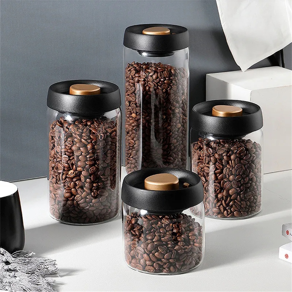 Meal Prep Glass Containers - 1 แพ็ค ภาชนะเก็บเมล็ดกาแฟ ฝาปิดสุญญากาศแบบกด ปิดผนึกอย่างแน่นหนา กระป๋องแก้วเก็บกาแฟ