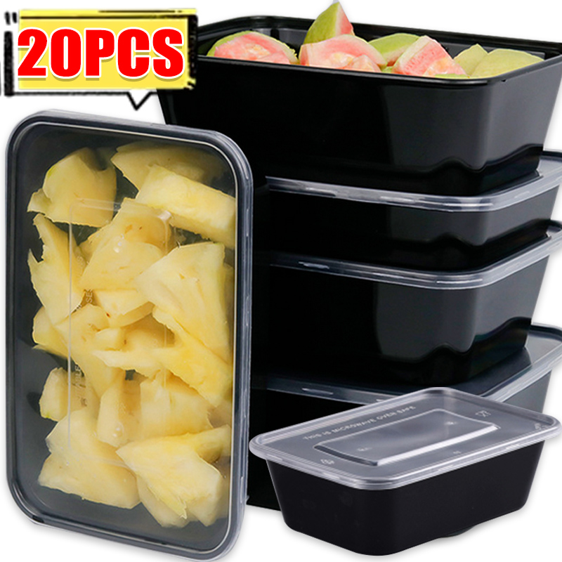 Meal Prep Jars With Lids - 10/20x ภาชนะเก็บอาหารพร้อมฝาปิดภาชนะเตรียมอาหารแบบใช้แล้วทิ้งป้องกันการรั่วซึมสีดำกล่องเบนโตะอาหารกลางวันเครื่องใช้บนโต๊ะอาหารในครัว