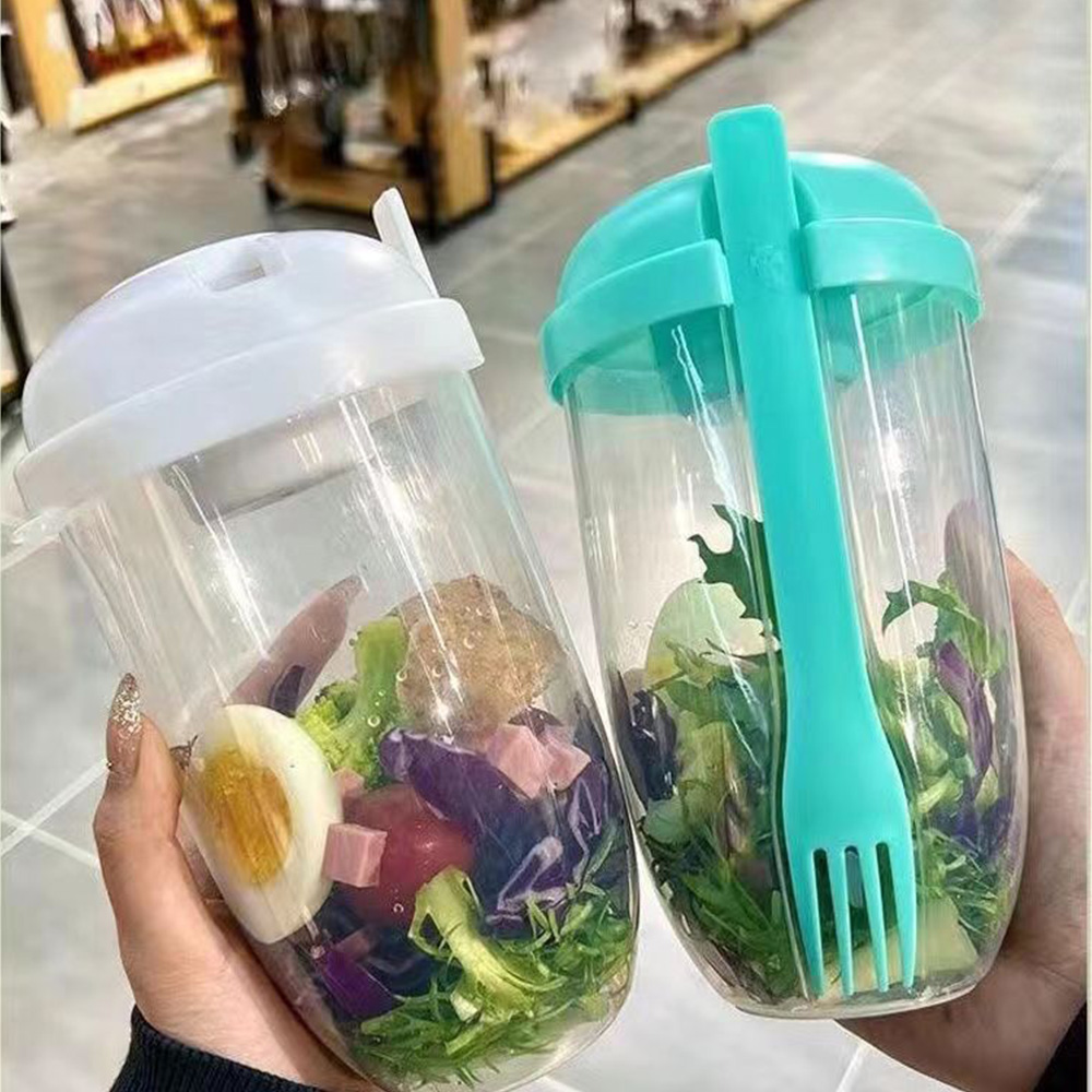 Meal Prep Glass Containers - ขวดปั่นสลัดผักและผลไม้สดแบบพกพา1ชิ้นสีขาว/เขียวพร้อมส้อมชามสลัดที่ใส่สำหรับเบนโตะอาหารกลางวัน