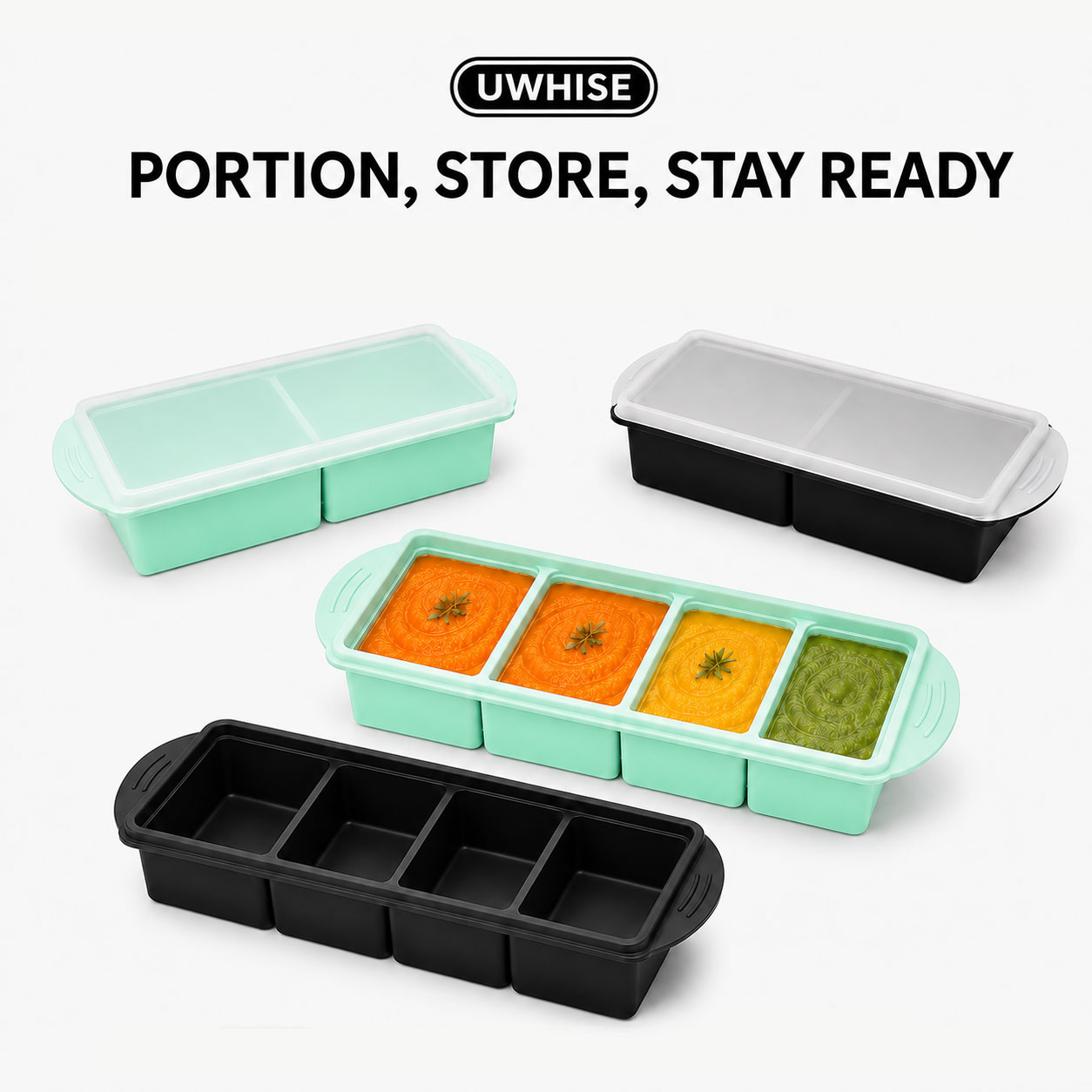Meal Prep Oatmeal - ถาดซิลิโคนสำหรับแช่แข็งซุป Uwhise พร้อมฝาปิด สำหรับเก็บอาหารเด็ก 2/4 ช่อง