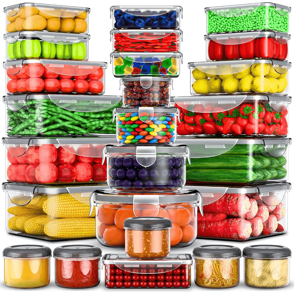 Meal Prep Jars With Lids - ชุดกล่องเก็บอาหาร 50 ชิ้น พร้อมฝาปิดแน่นสนิท กล่องพลาสติกใสทันสมัยสำหรับเตรียมอาหารกลางวัน ป้องกันการรั่วซึม