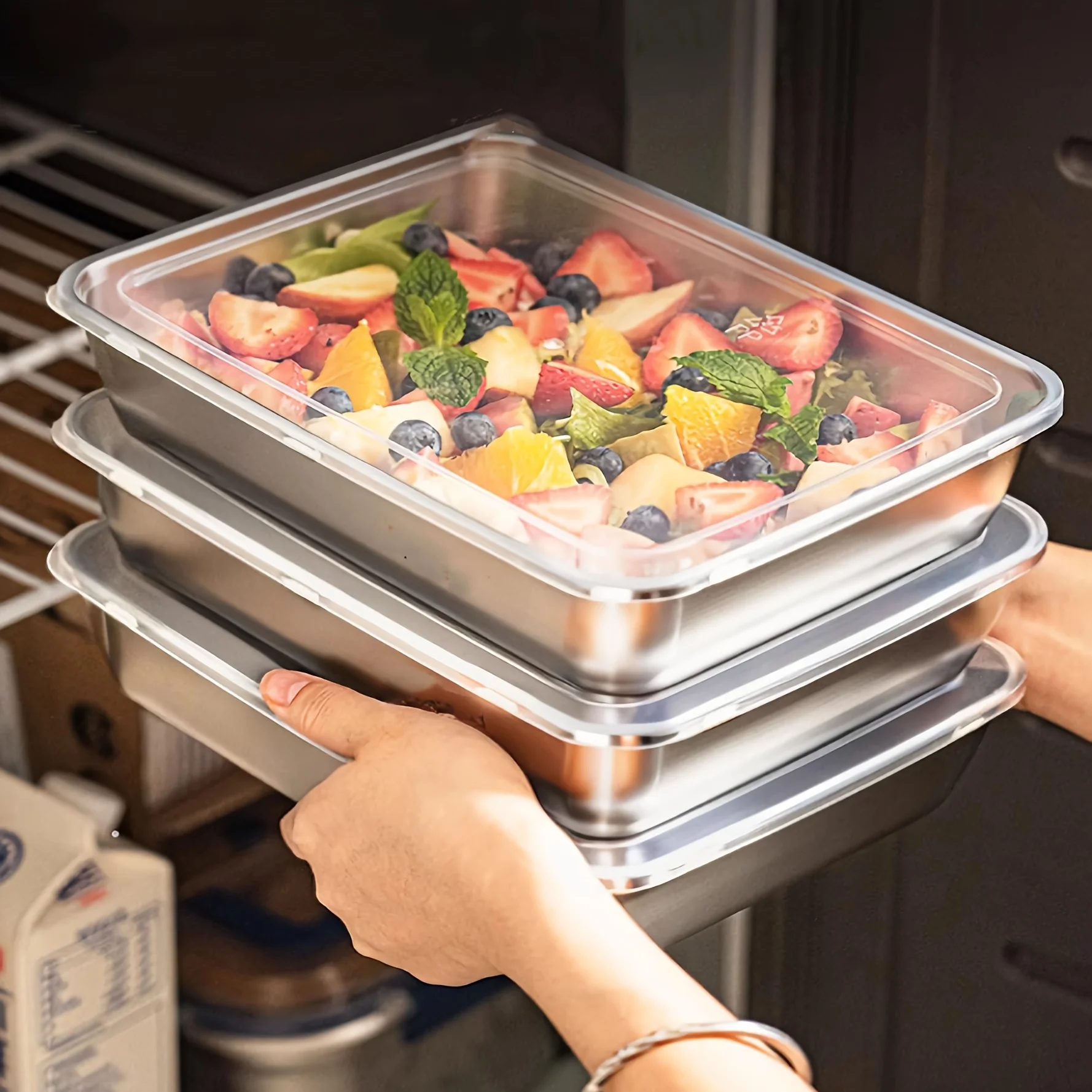 Meal Prep Glass Containers - กล่องใส่อาหารสแตนเลส 3 ชิ้น & กล่องอาหารกลางวัน ฝาปิดใสกันรั่วซึม