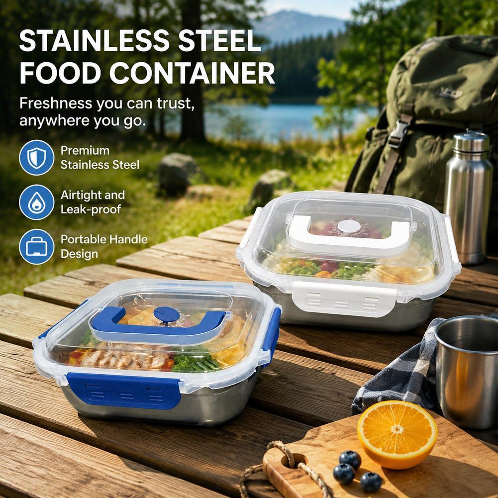 Meal Prep Jars With Lids - ภาชนะเก็บอาหารสแตนเลส กล่องอาหารกลางวันปิดสนิท ป้องกันการรั่วซึม พร้อมฝาปิดแบบมีหูหิ้ว พกพาสะดวก สำหรับปิกนิก
